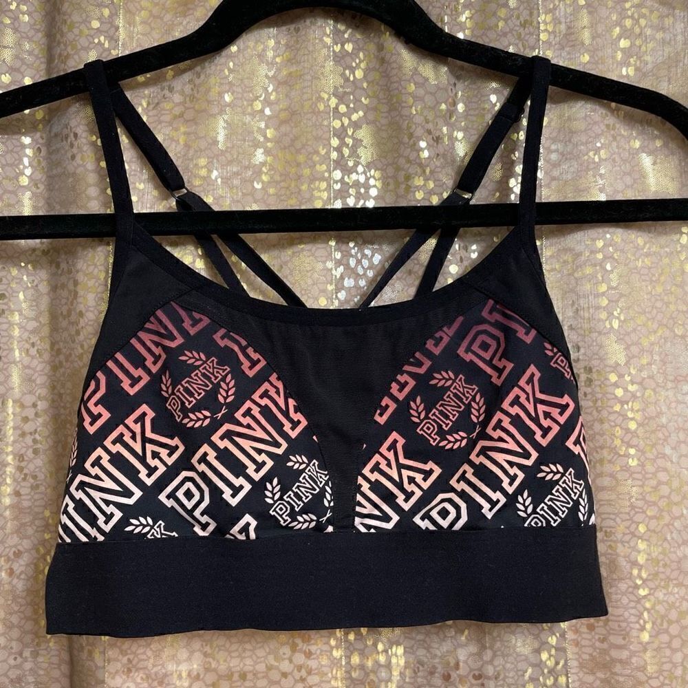 PINK Victorias Secret Ultimate Pink Black Ombre Logo Sports Bra, Small